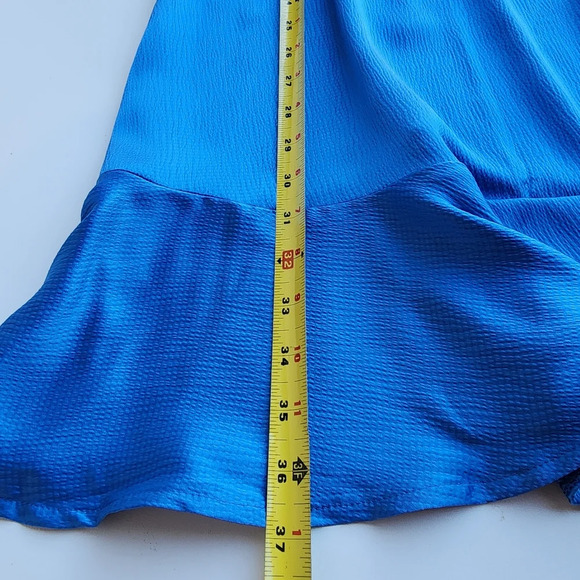 NWT BTFBM Blue Turquoise 3/4 Sleeve Satin Mini Stretch Dress A-Line Ruffle Hem L - Picture 13 of 16